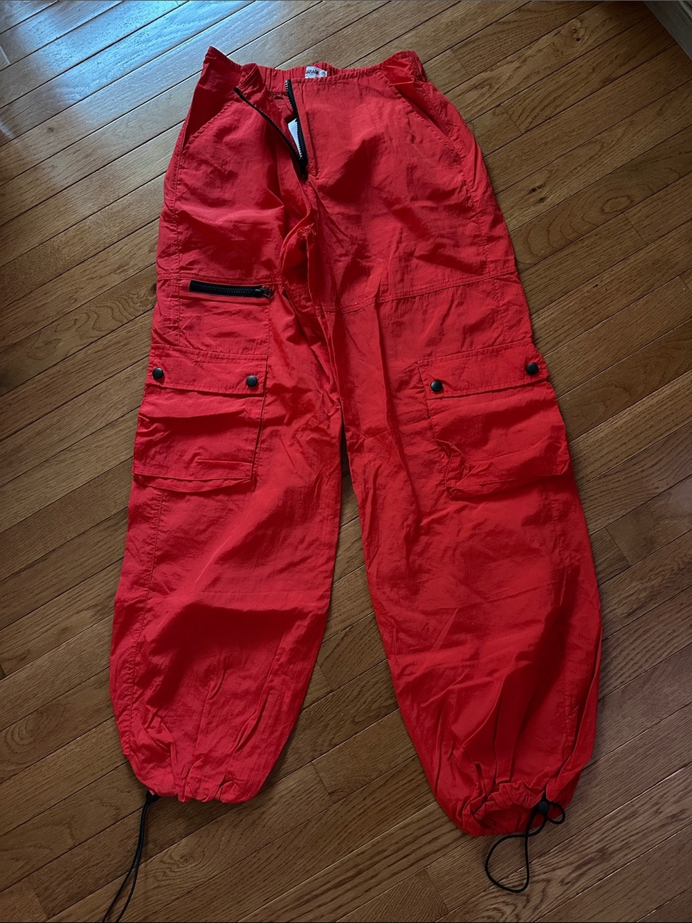 Garage Red Elastic Waist with zipper joggers - parachute material